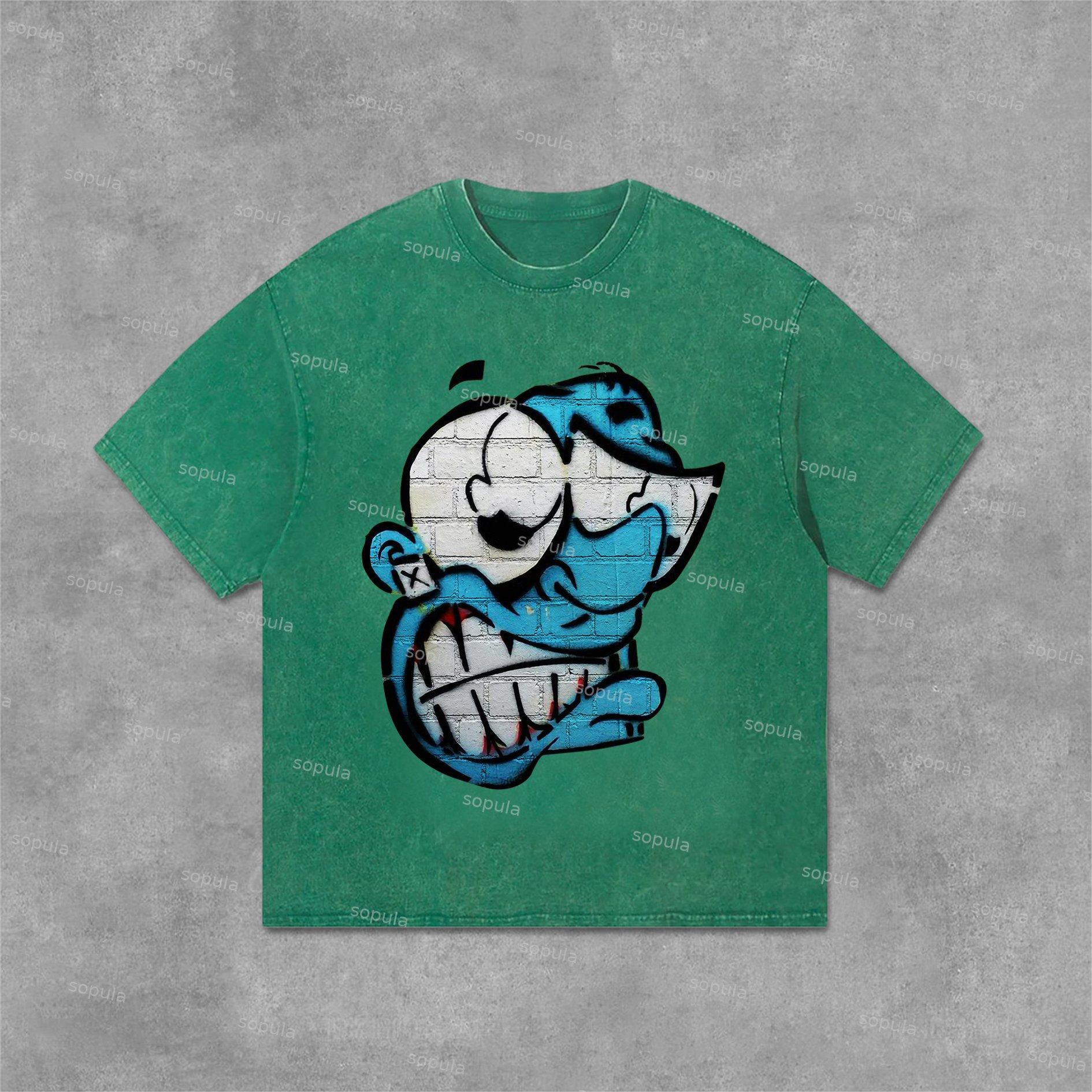 Sopula Vintage Cartoon Monster Graphic Print Casual Acid Washed T-Shirt Product Image