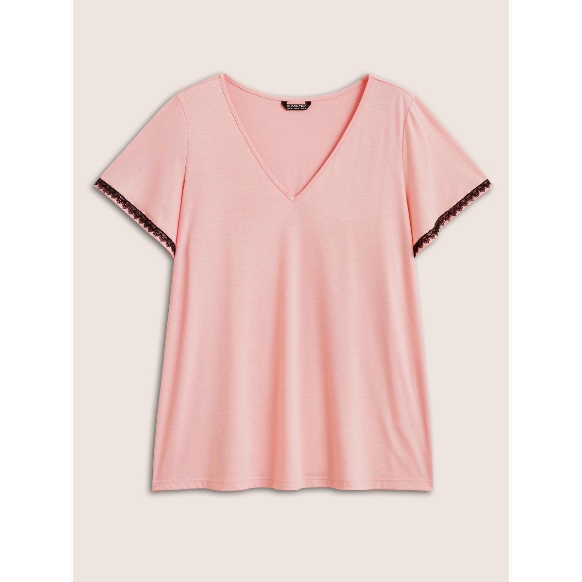 Plus Size V Neck Contrast Lace Flutter Sleeve T-shirt Nudepink Women Casual Contrast V-neck Everyday T-shirts BloomChic 18-20/2X Product Image