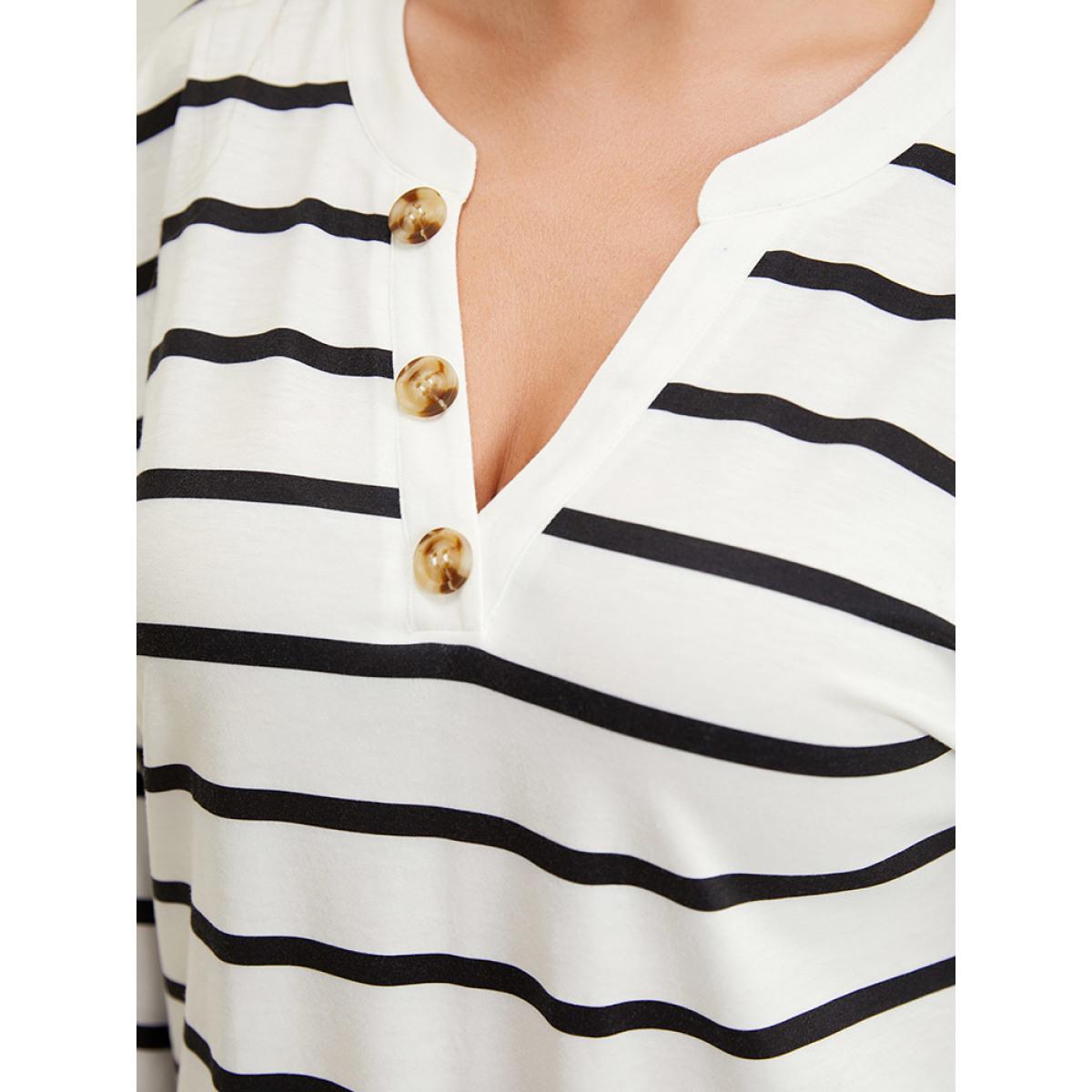 Plus Size Striped Print Button Detail Notched T-shirt White Women Casual Button Striped Notched collar Dailywear T-shirts BloomChic 12/L Product Image