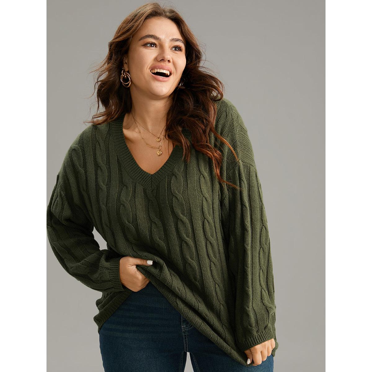 Plus Size Drop Shoulder Cable Knit Solid Pullover ArmyGreen Women Casual Loose Long Sleeve V-neck Everyday Pullovers BloomChic 26/4X Product Image