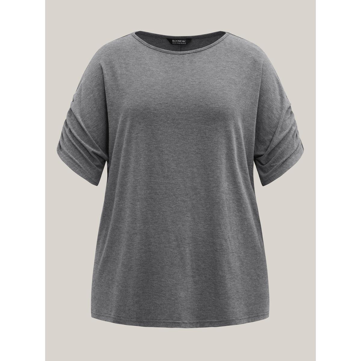 Plus Size Stretchy Solid Color Gathered Sleeve T-Shirt DimGray Women Leisure Gathered Round Neck Casual T-shirts BloomChic 18-20/2X Product Image