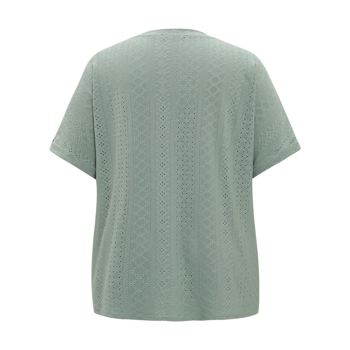 Plus Size Plain Roll Sleeve Broderie Anglaise T-shirt Sage Women Casual Broderie anglaise Plain V-neck Dailywear T-shirts BloomChic 10/M Product Image