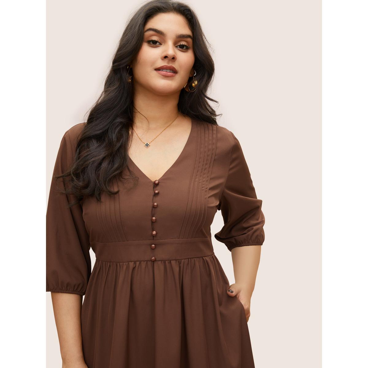 Plus Size Solid Pleated Button Detail Lantern Sleeve Dress DarkBrown Women At the Office Non V-neck Elbow-length sleeve Curvy Midi Dress BloomChic 14-16/1X Product Image