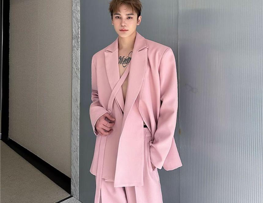 Set: Mock Two-Piece Peak Lapel Plain Buttoned Slit Blazer + Mid Rise Wide Leg Dress Pants Product Image