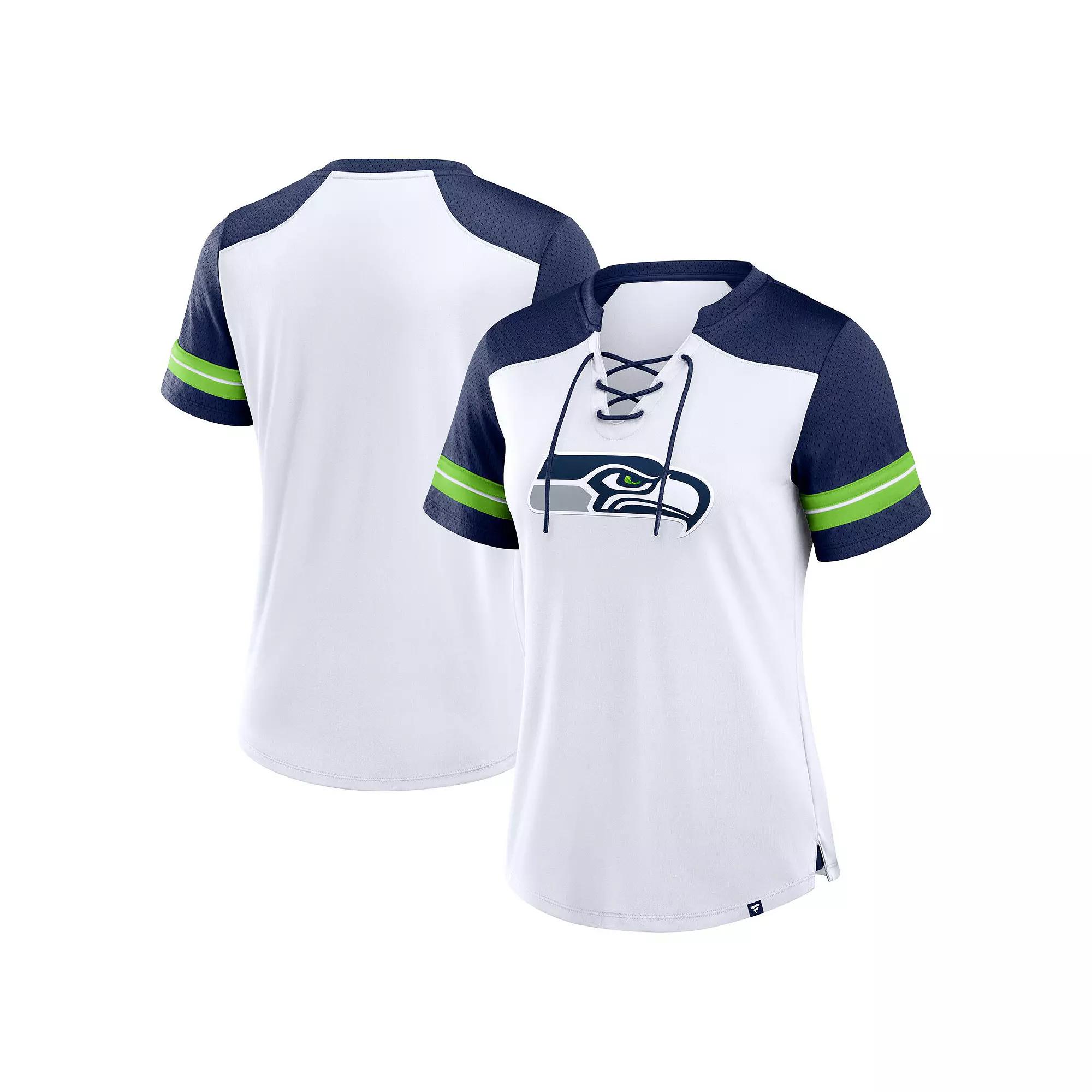 Women's Fanatics White/College Navy Seattle Seahawks Foiled Primary Lace-Up T-Shirt,  Product Image
