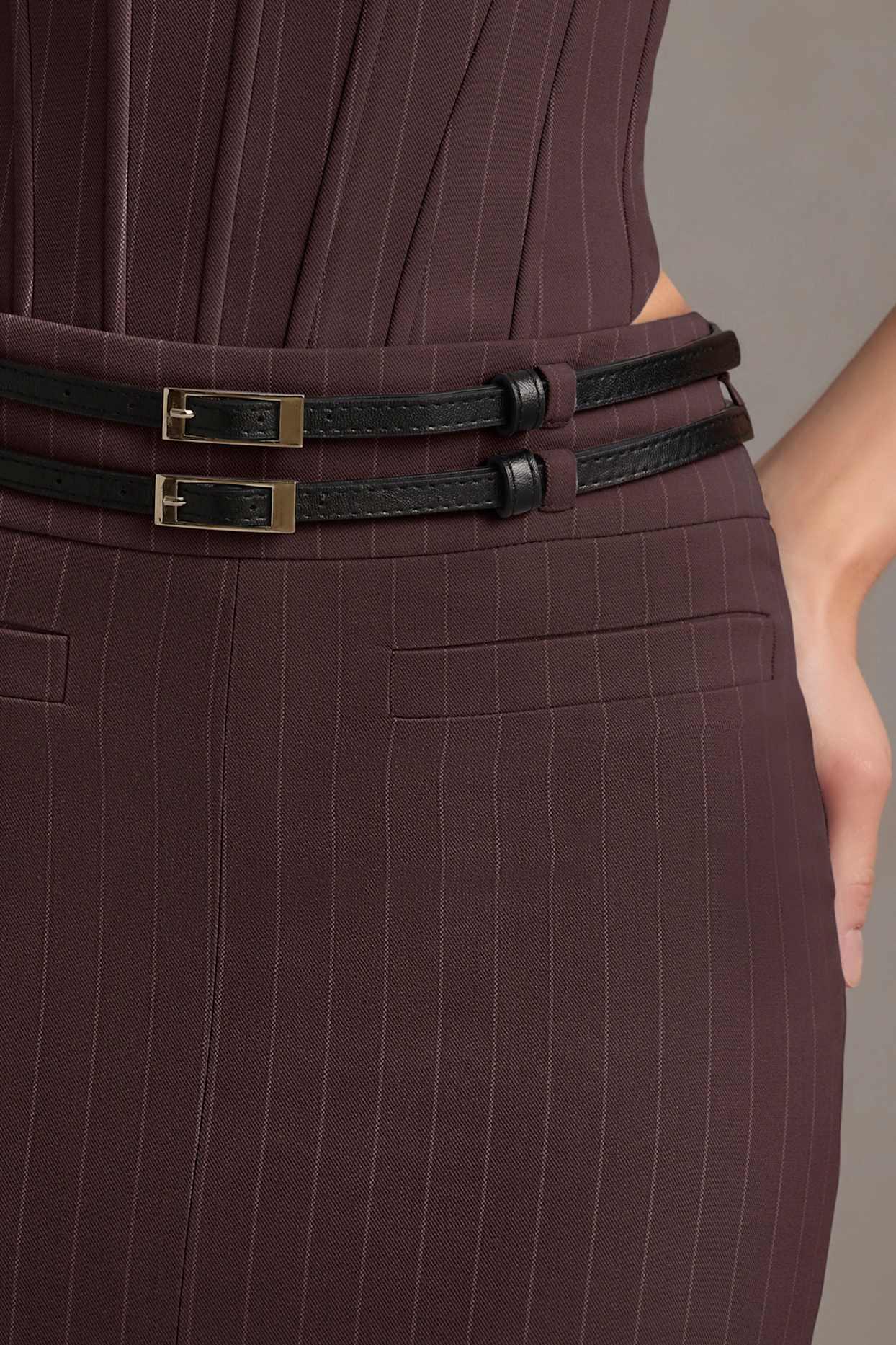 Pinstripe Low-Rise Maxi Skirt in Chocolate Brown Product Image