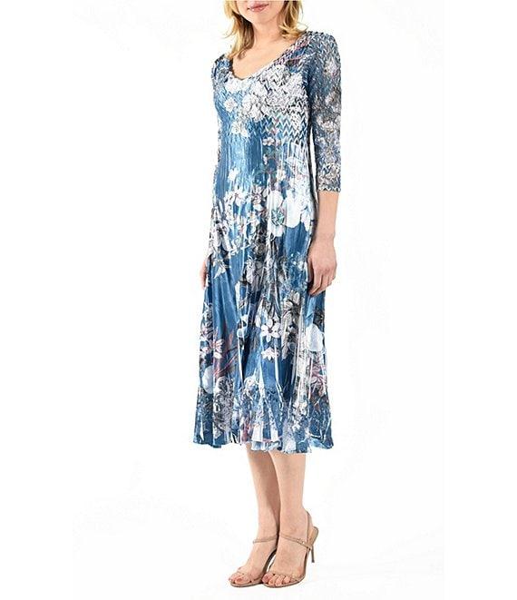 Komarov Charmeuse Floral Print Lace V-Neck 3/4 Sleeve Pleated Fit and Flare Midi Dress Product Image