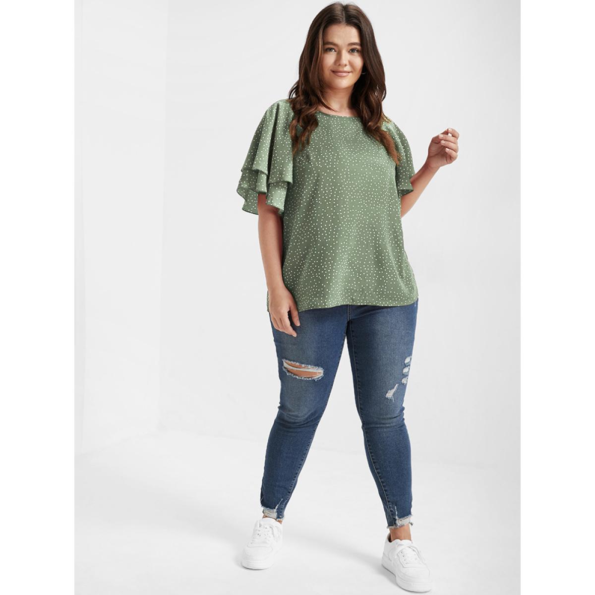 Plus Size LightGreen Polka Dot Ruffle Tiered Sleeve Blouse Women Elegant Short sleeve Round Neck Dailywear Blouses BloomChic 10/M Product Image