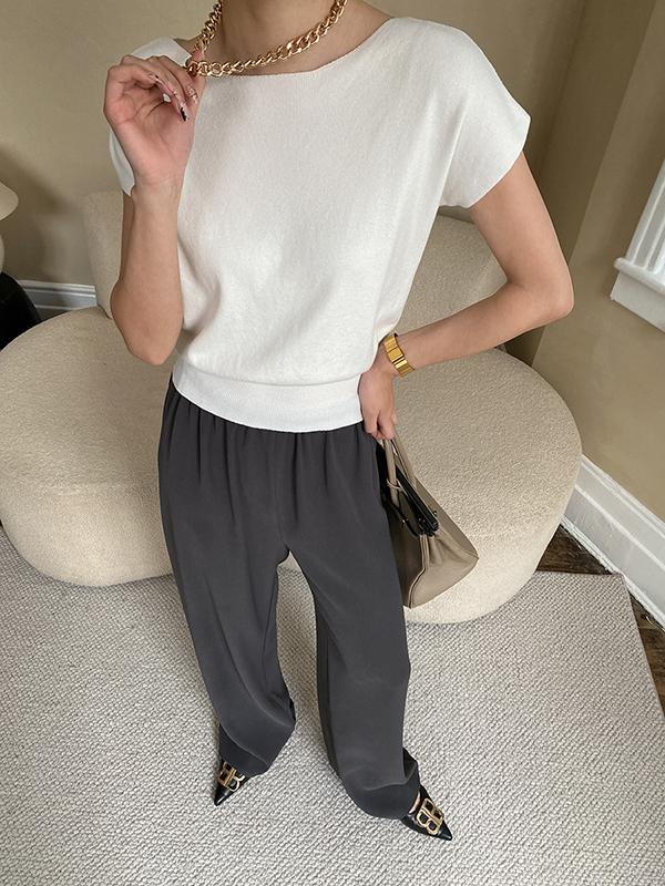 Stylish Loose Solid Color Boat Neck Knitwear Pullovers Tops Product Image