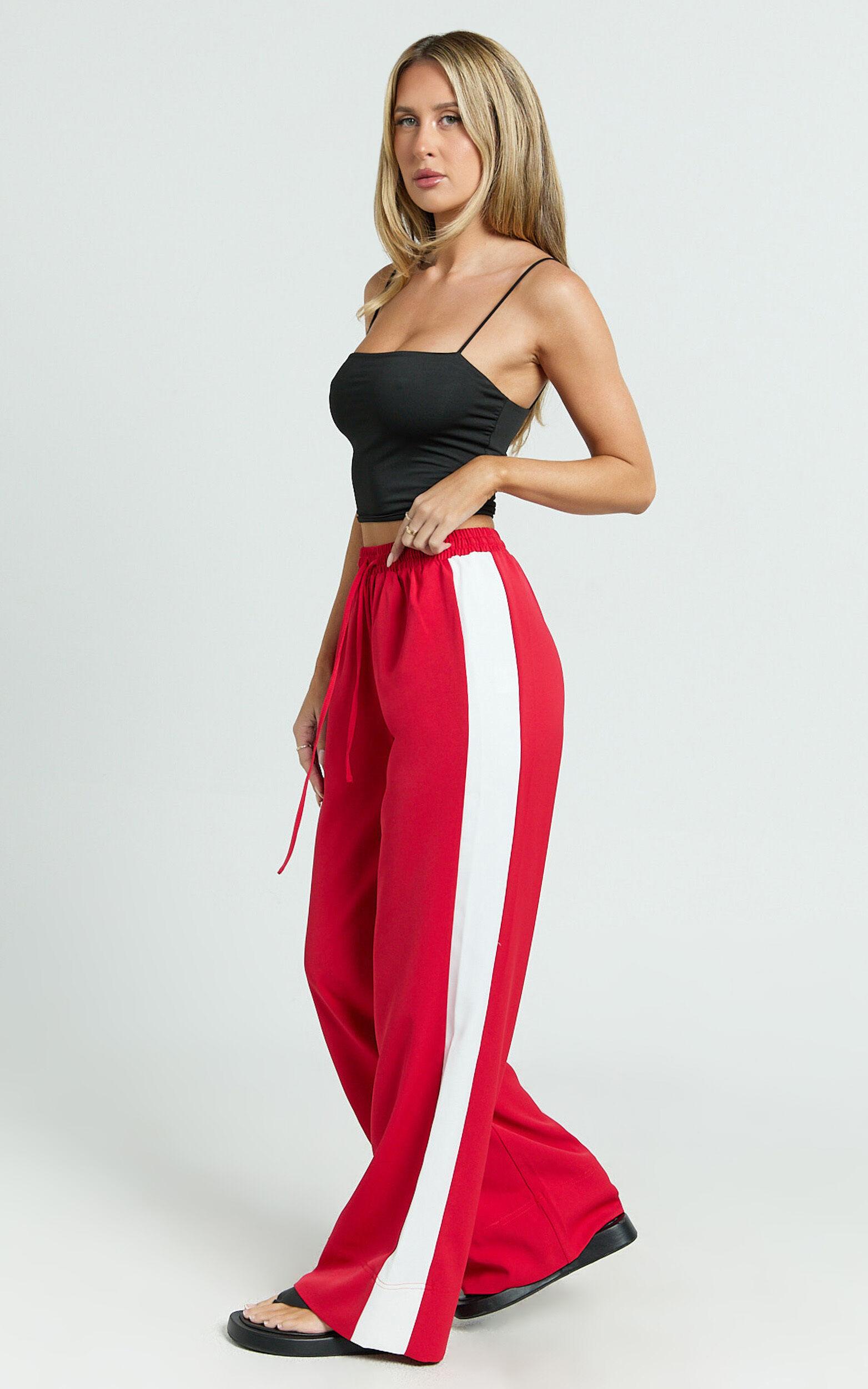 Davi Pants - Drawstring Waist Contrast Panel Tailored Pants in Red Product Image