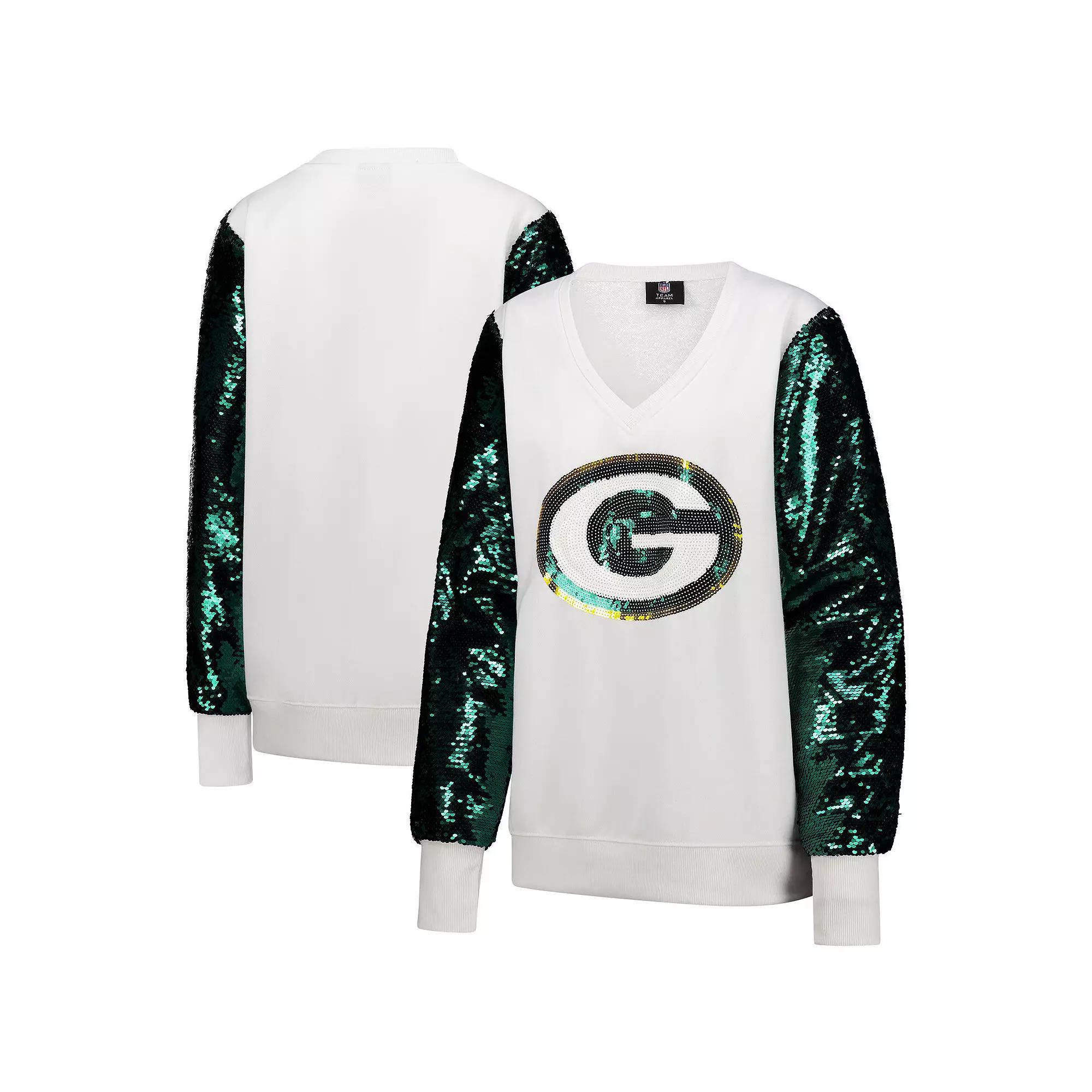 Women's Cuce White Green Bay Packers Sequin Sleeve V-Neck Pullover Sweatshirt, Size: 3XL Product Image