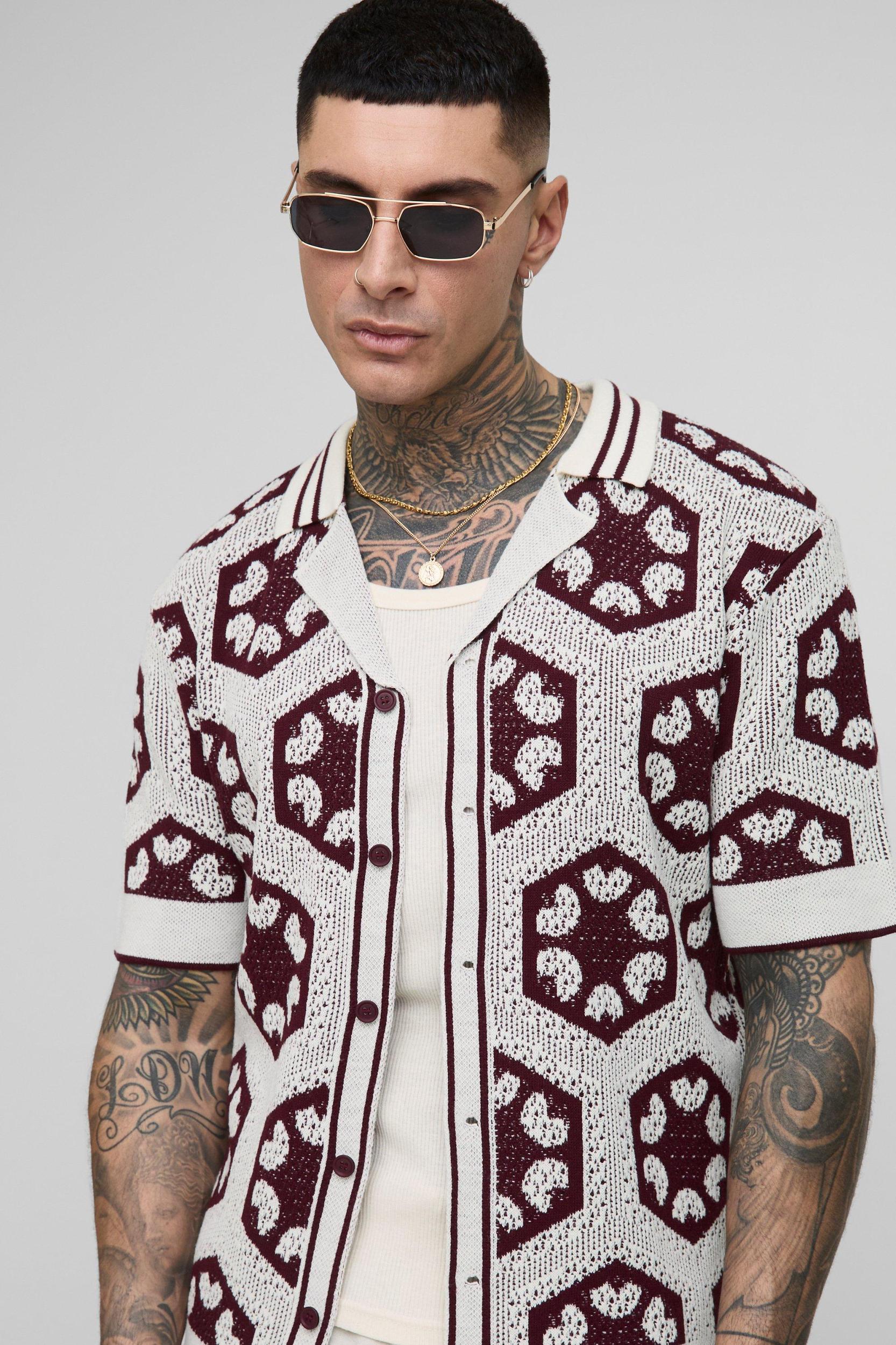 Tall Oversized Crochet Knitted Shirt | boohooMAN USA Product Image