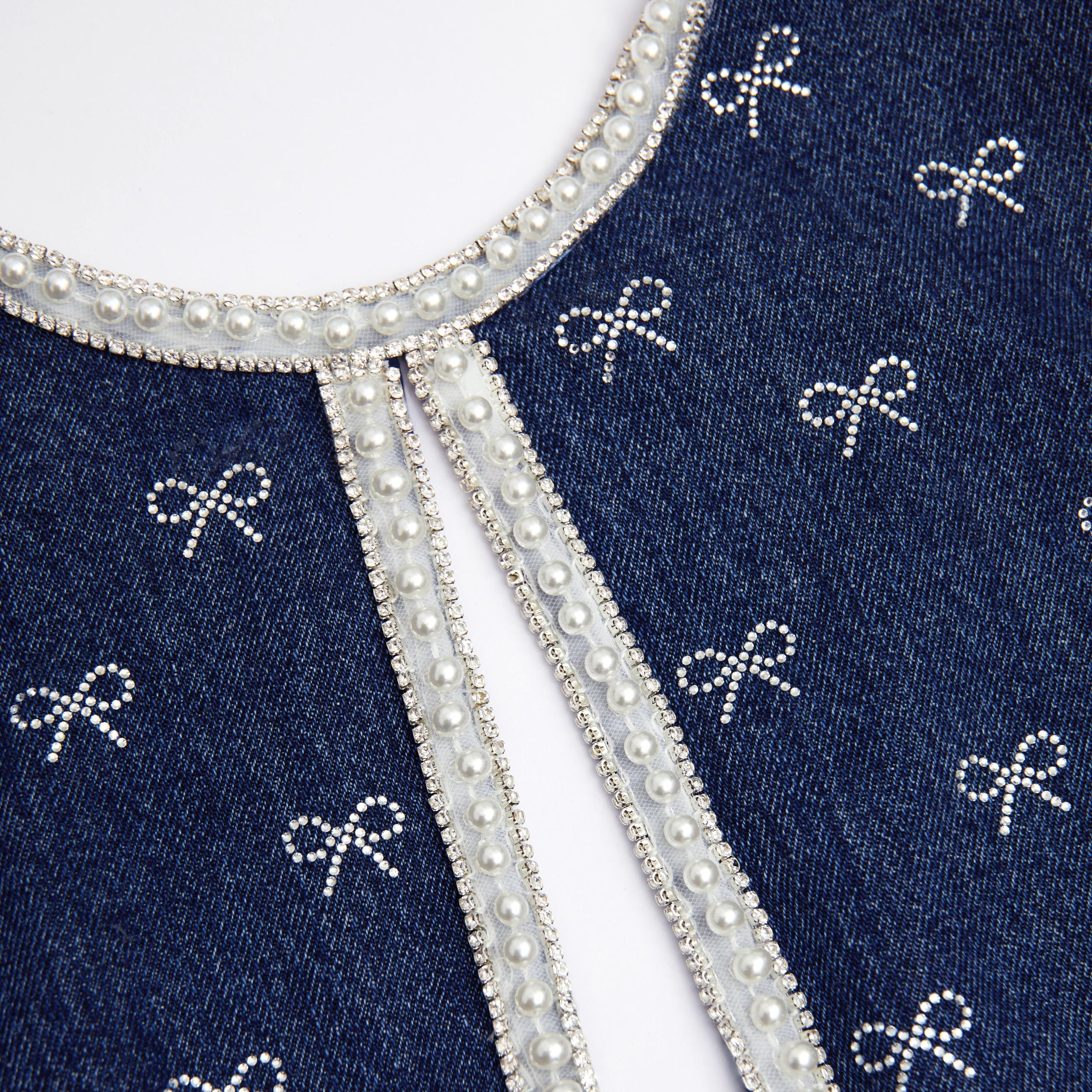 Denim Diamante Bow Mini Dress Product Image