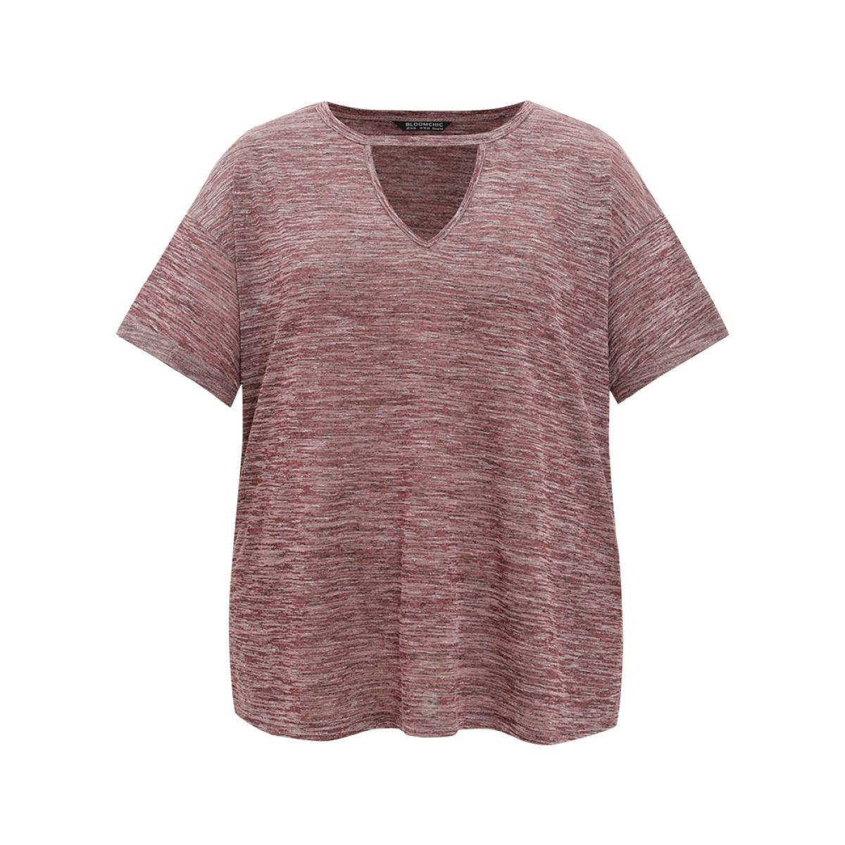 Plus Size Plain Keyhole Split Hem Heather T-shirt Burgundy Women Casual Heather Plain Keyhole Cut-Out Dailywear T-shirts BloomChic 14-16/1X Product Image