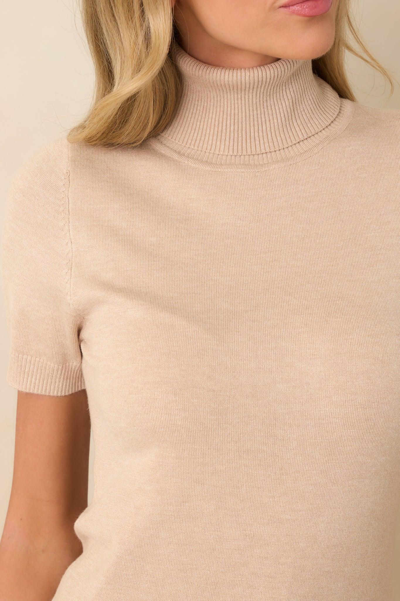 In Just A Minute Beige Ribbed Turtleneck Short Sleeve Sweater L / Beige Product Image