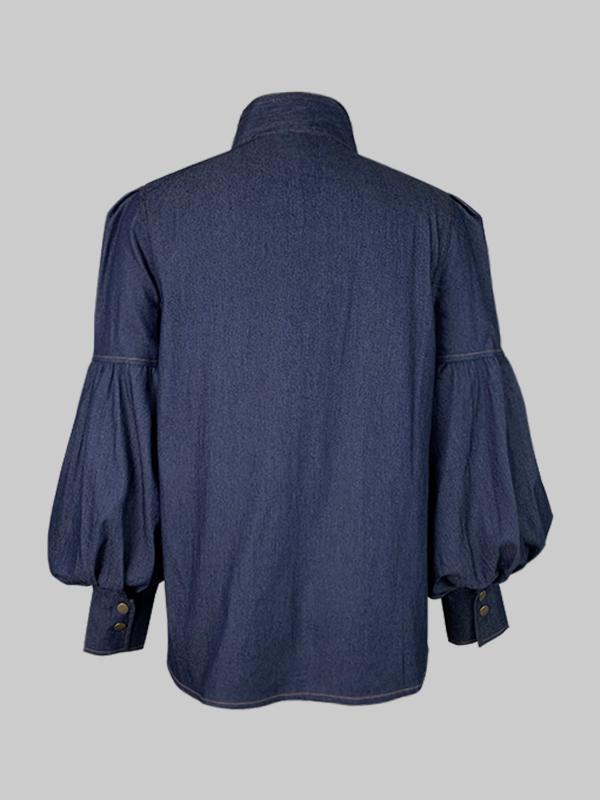 Long Sleeves Puff Sleeves Bow-Embellished Buttoned Split-Joint Tied High Neck Blouses&Shirts Tops Product Image