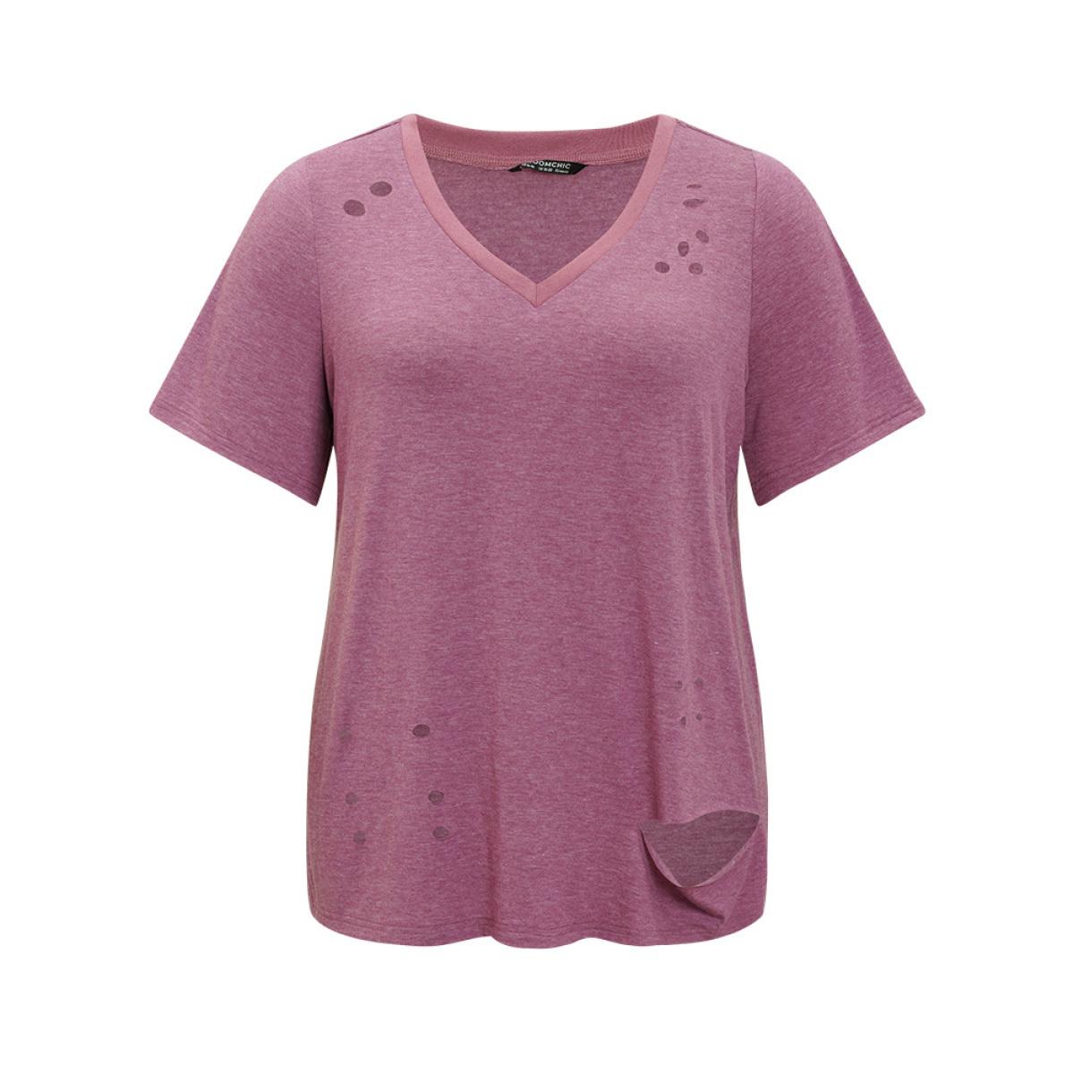 Plus Size Plain Contrast Trim Ripped Detail Vintage T-shirt Mauve Women Casual Heather Plain V-neck Dailywear T-shirts BloomChic 26/4X Product Image