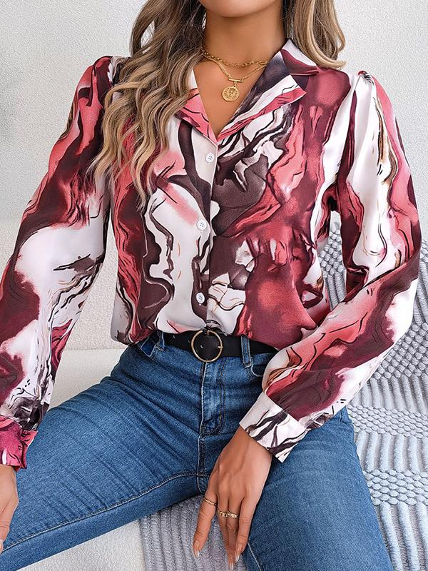 Long Sleeves Loose Buttoned Printed Notched Collar Blouses&Shirts Tops Product Image