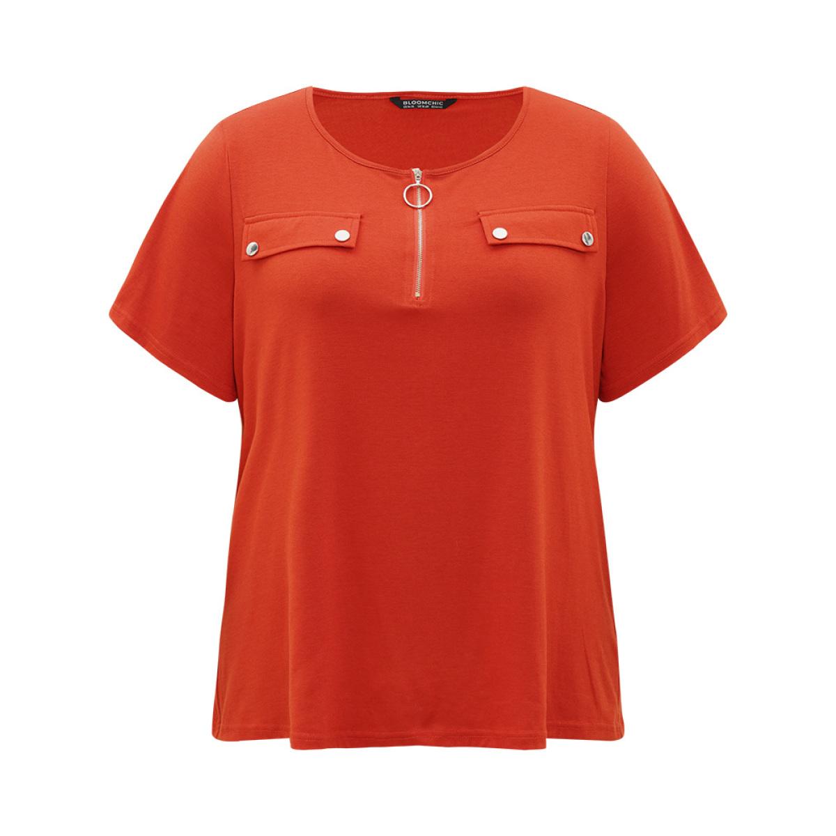 Plus Size plain Ring Zipper Patchwork T-shirt OrangeRed Women Casual Zipper Plain Open Front Dailywear T-shirts BloomChic 12/L Product Image