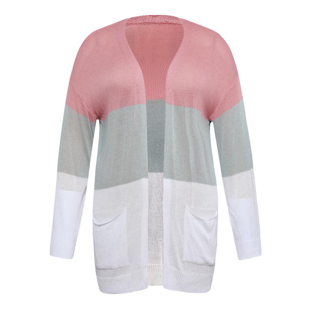 Plus Size Colorblock Pocket Drop Shoulder Elastic Cuffs Contrast Cardigan Pink Women Casual Loose Long Sleeve Dailywear Cardigans BloomChic 30/6X Product Image