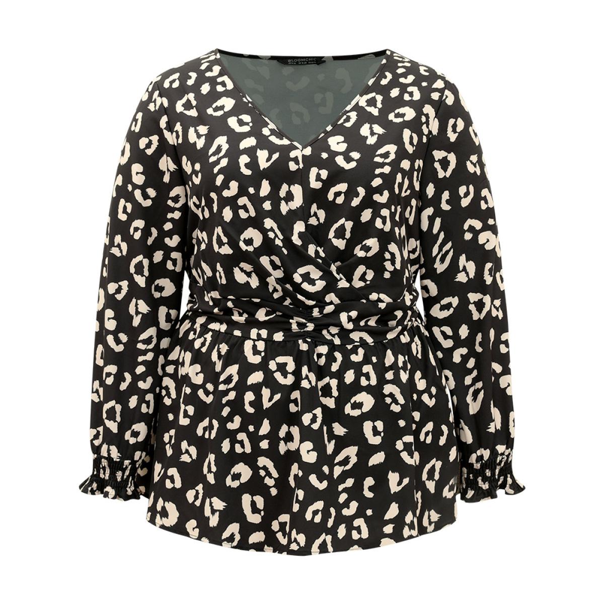 Plus Size Black Leopard Print Crossover Ruched Shirred Blouse Women Elegant Long Sleeve V-neck Dailywear Blouses BloomChic 10/M Product Image
