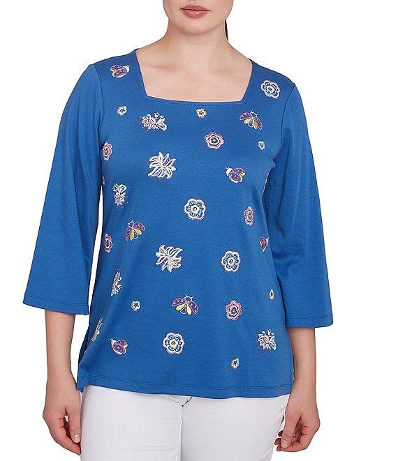 Ruby Rd. Embroidered Knit Square Neck 3/4 Sleeve Top Product Image