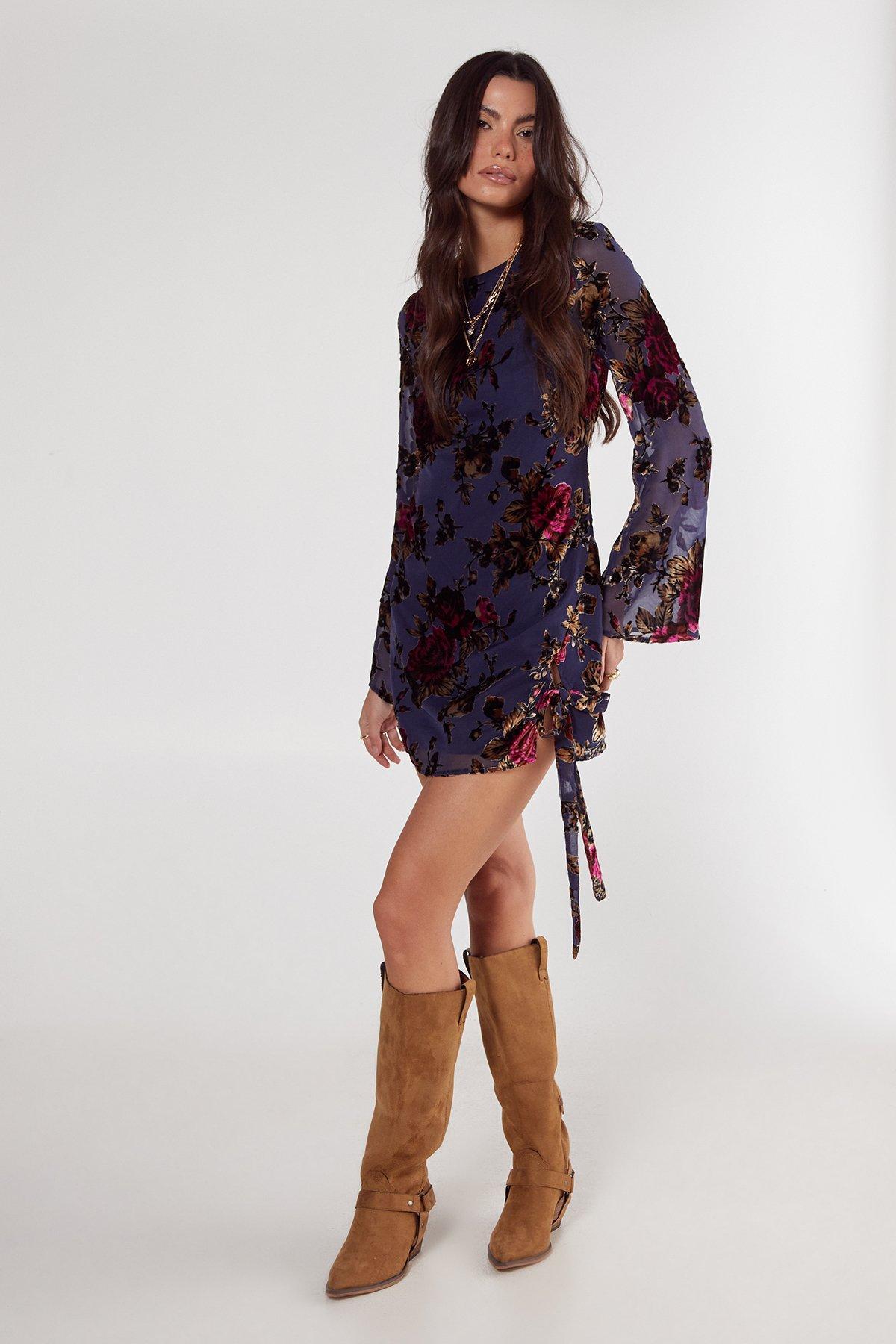 Floral Devore Bow Split Tunic Mini Dress Product Image