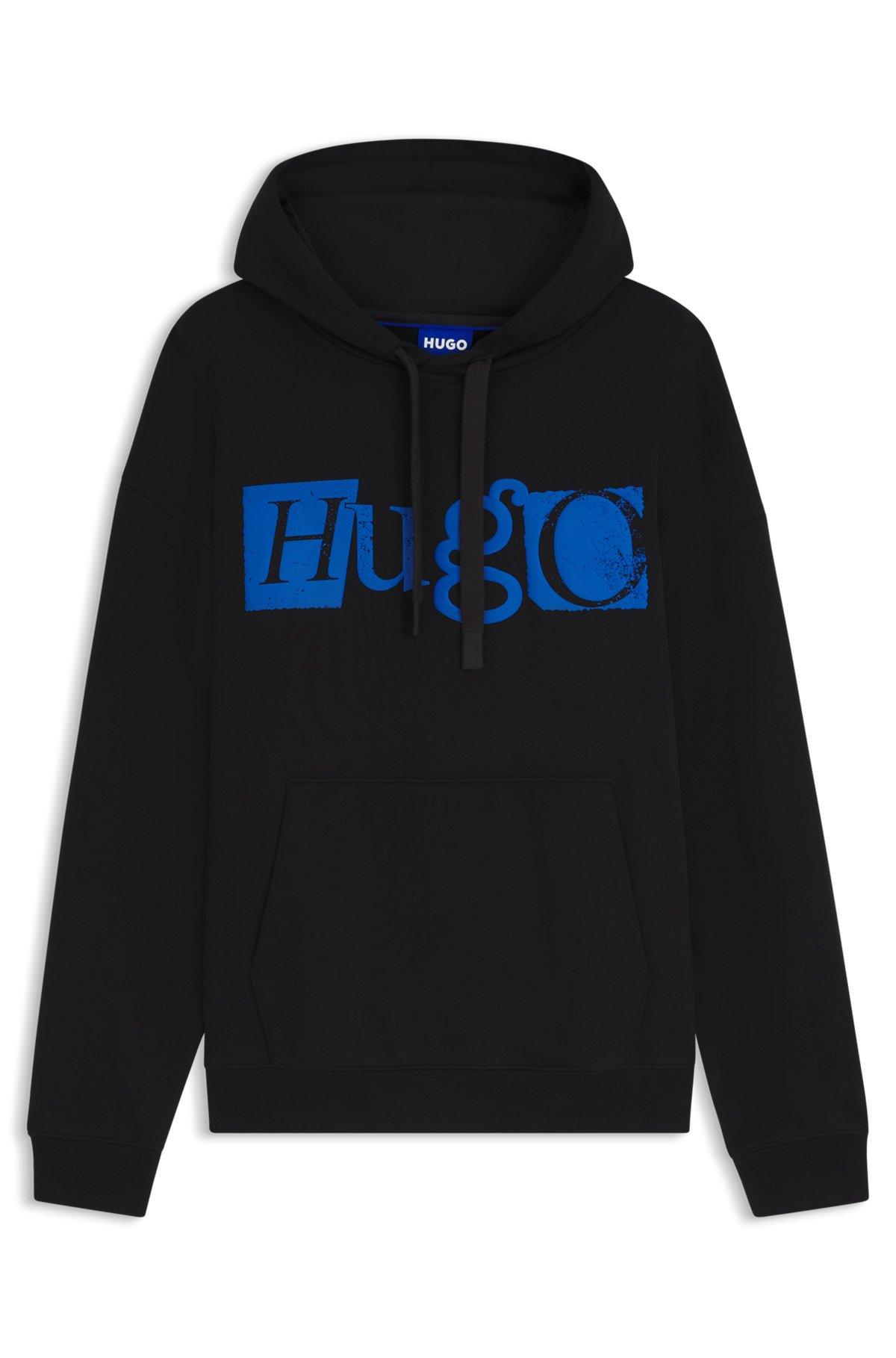 HUGO - Cotton-terry hoodie with puff-print logo - Black Product Image
