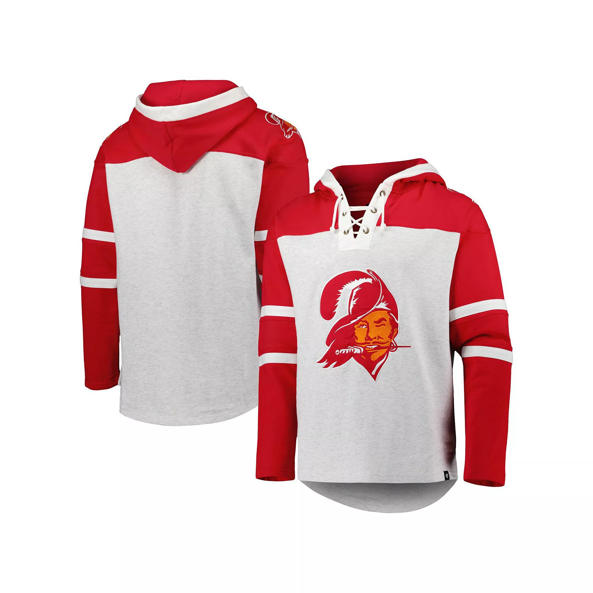 Men's '47 Tampa Bay Buccaneers Heather Gray Historic Logo Gridiron Lace-Up Pullover Hoodie, Size: Medium, Grey Product Image