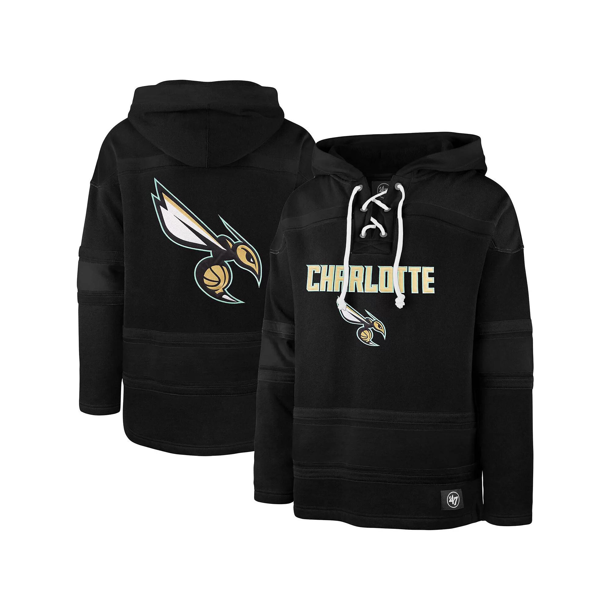 Men's '47 Black Charlotte Hornets 2022/23 Pregame MVP Lacer Pullover Hoodie - City Edition, Size: XL, Chr Black Product Image