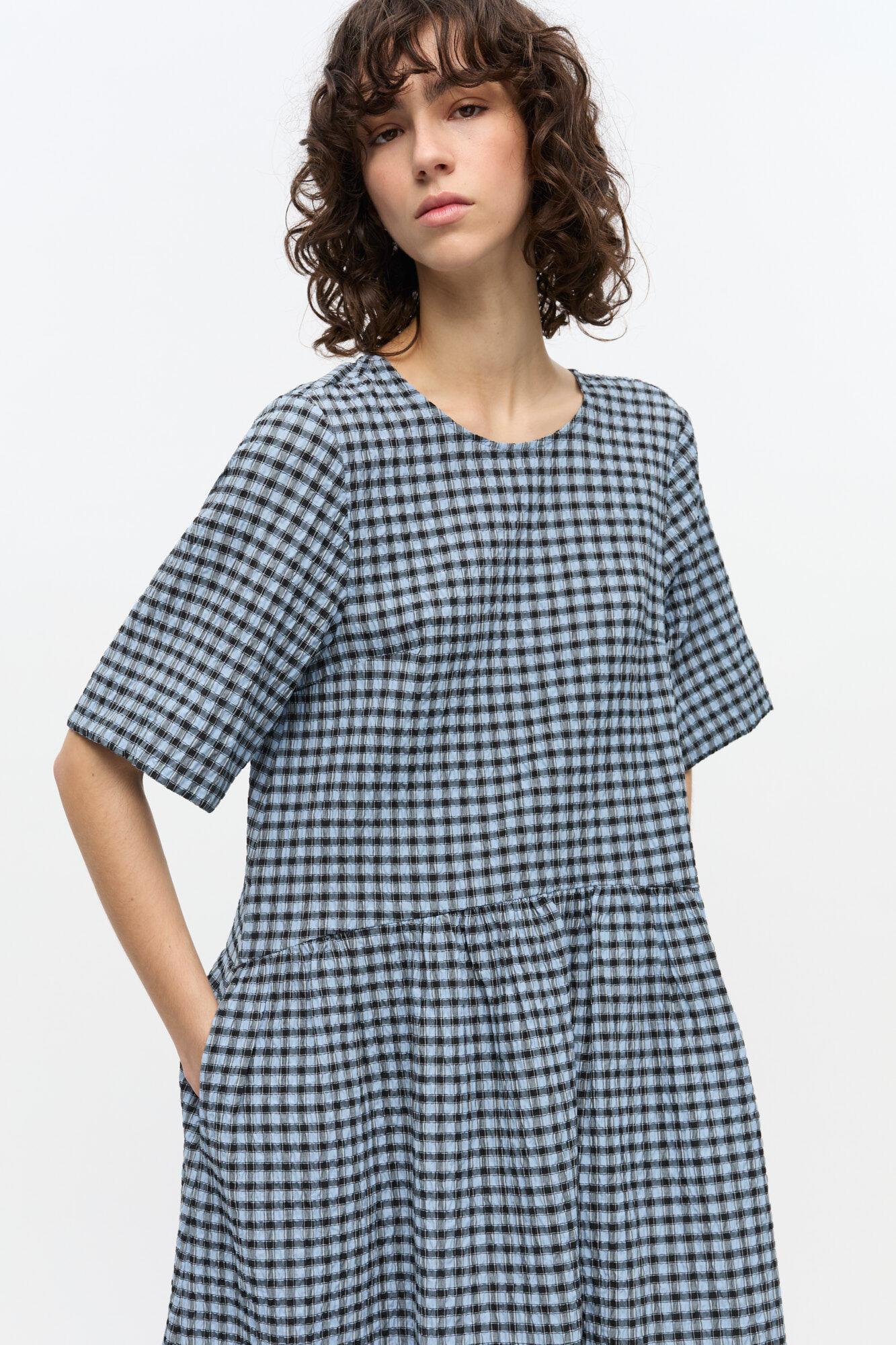 Blue Seersucker Check Midi Dress Product Image