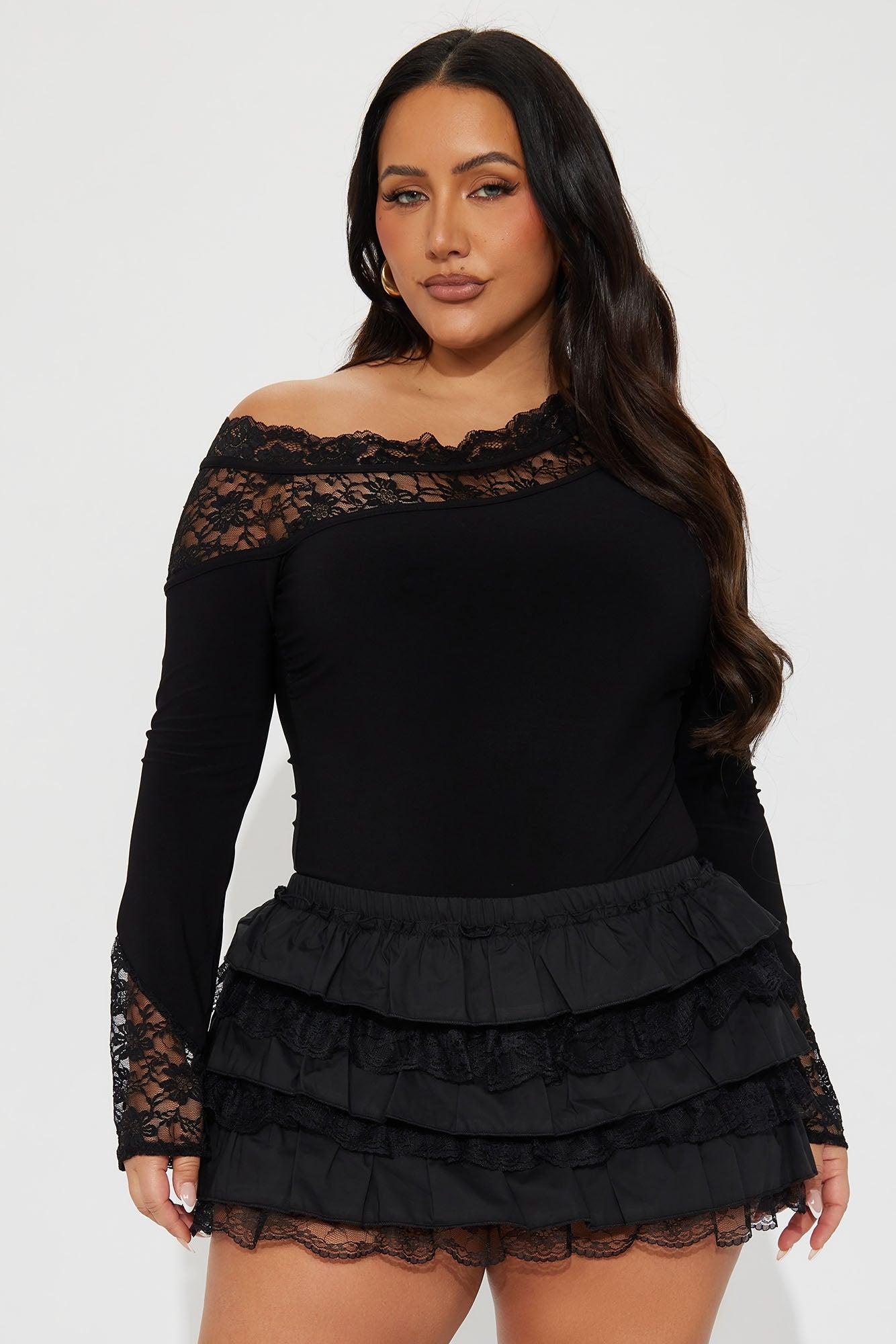 Tatiana Off Shoulder Lace Trim Bodysuit - Black Product Image