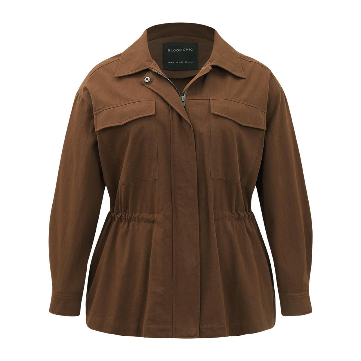 Plus Size Plain Flap Pocket Gathered Coat Women Maroon Casual Gathered Ladies Dailywear Winter Coats BloomChic 28/5X Product Image