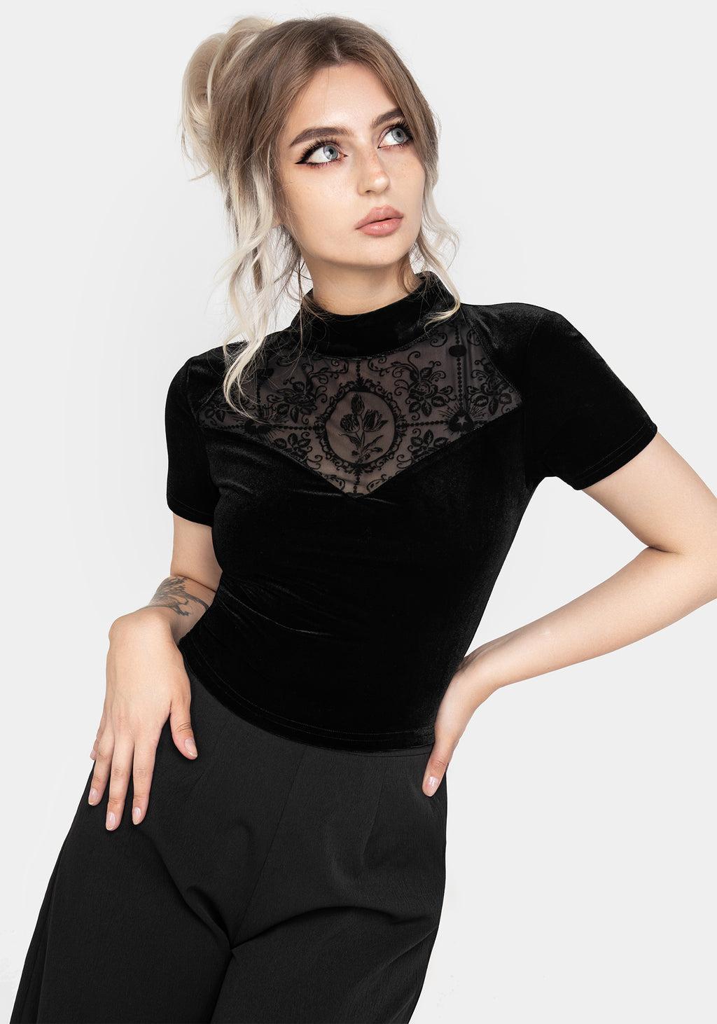 Cameo Floral Flocked Mesh Velour High Neck Top Product Image