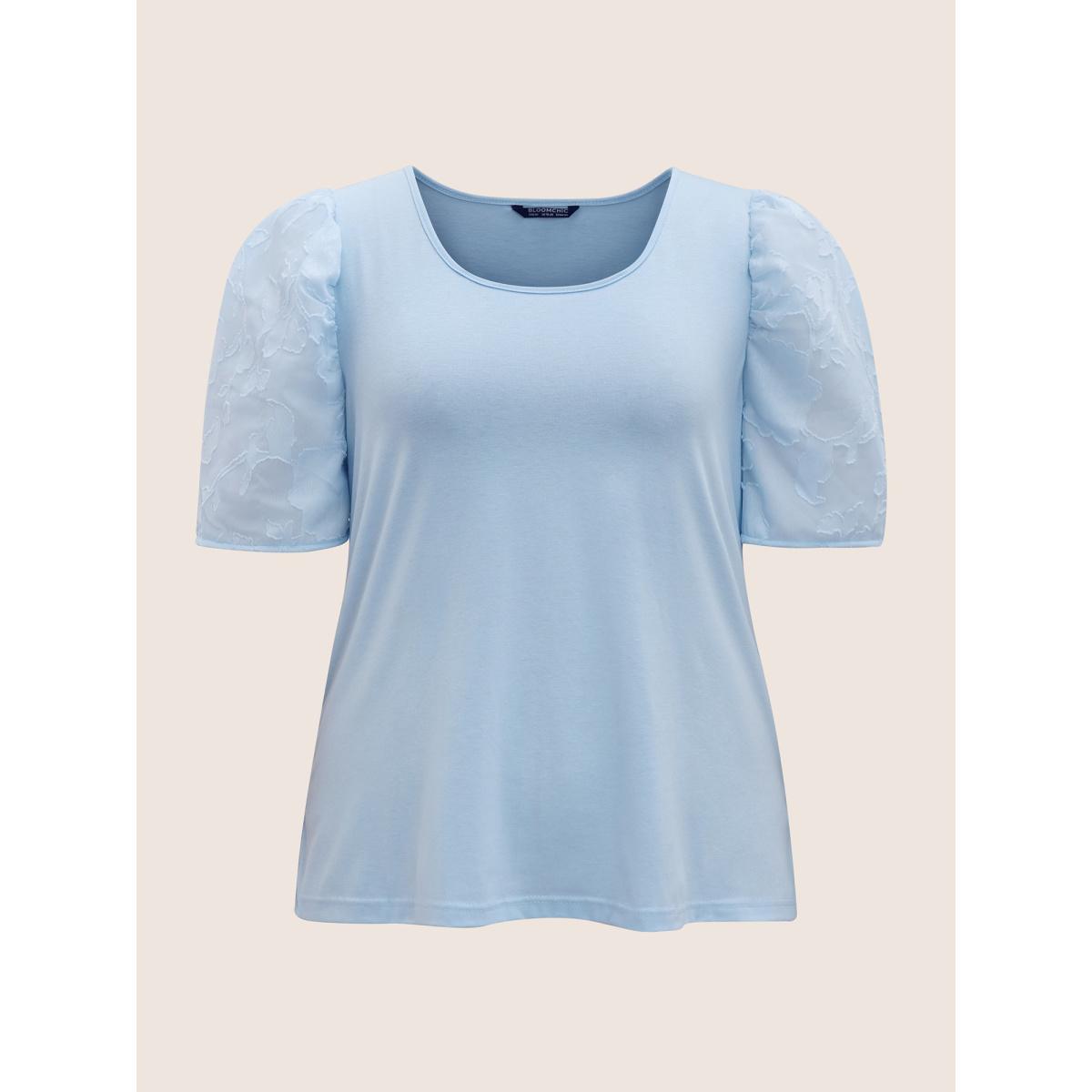 Plus Size U Neck Chiffon Patchwork Bishop Sleeve T-shirt LightBlue Women Elegant Gathered U-neck Everyday T-shirts BloomChic 22-24/3X Product Image