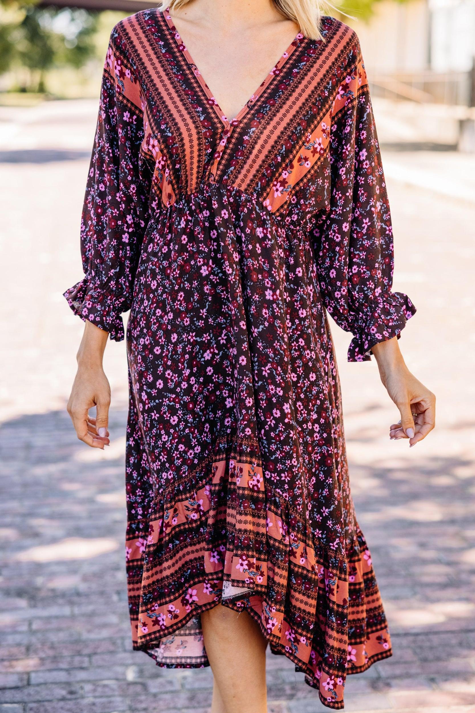 Trust The Process Cocoa Brown Mixed Print Midi Dress Female Product Image