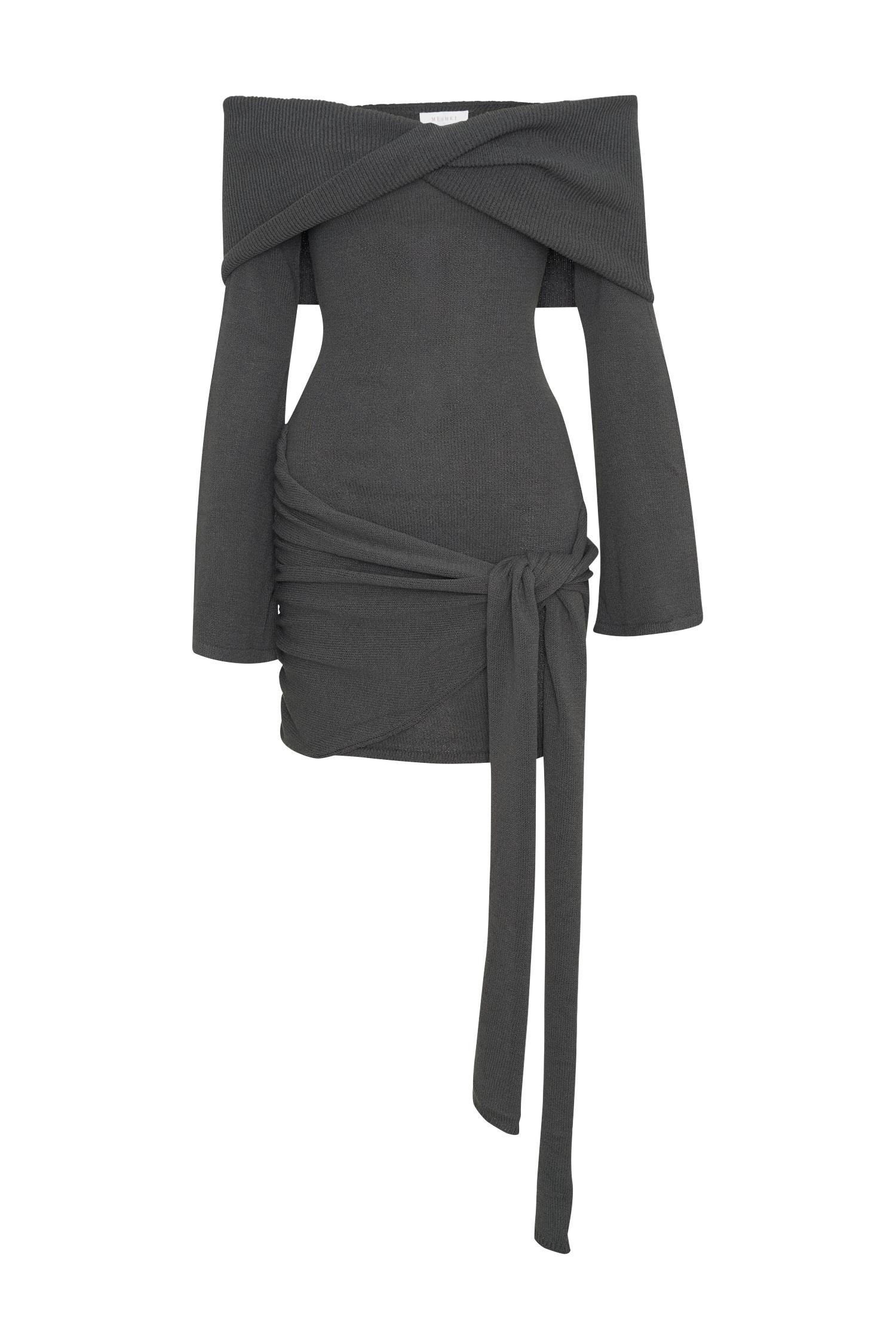 Camryn Off Shoulder Tie Knit Mini Dress - Charcoal Product Image