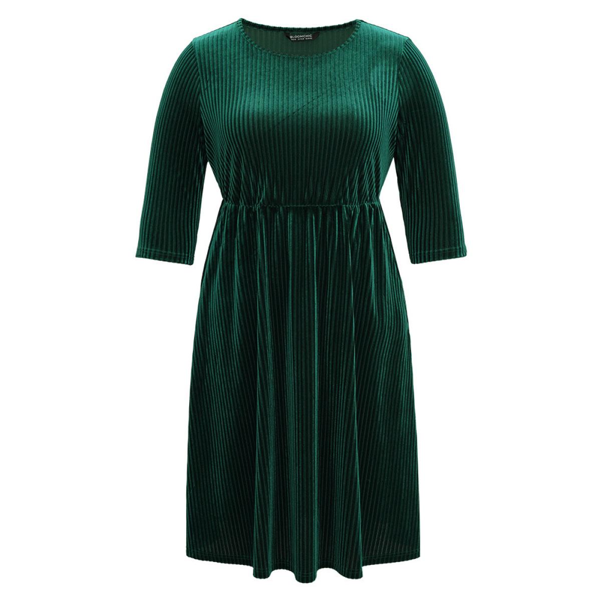 Plus Size Plain Velvet Elastic Waist Pocket Crew Neck Dress DarkGreen Women Elegant Velvet Round Neck Elbow-length sleeve Curvy Midi Dress BloomChic 12/L Product Image