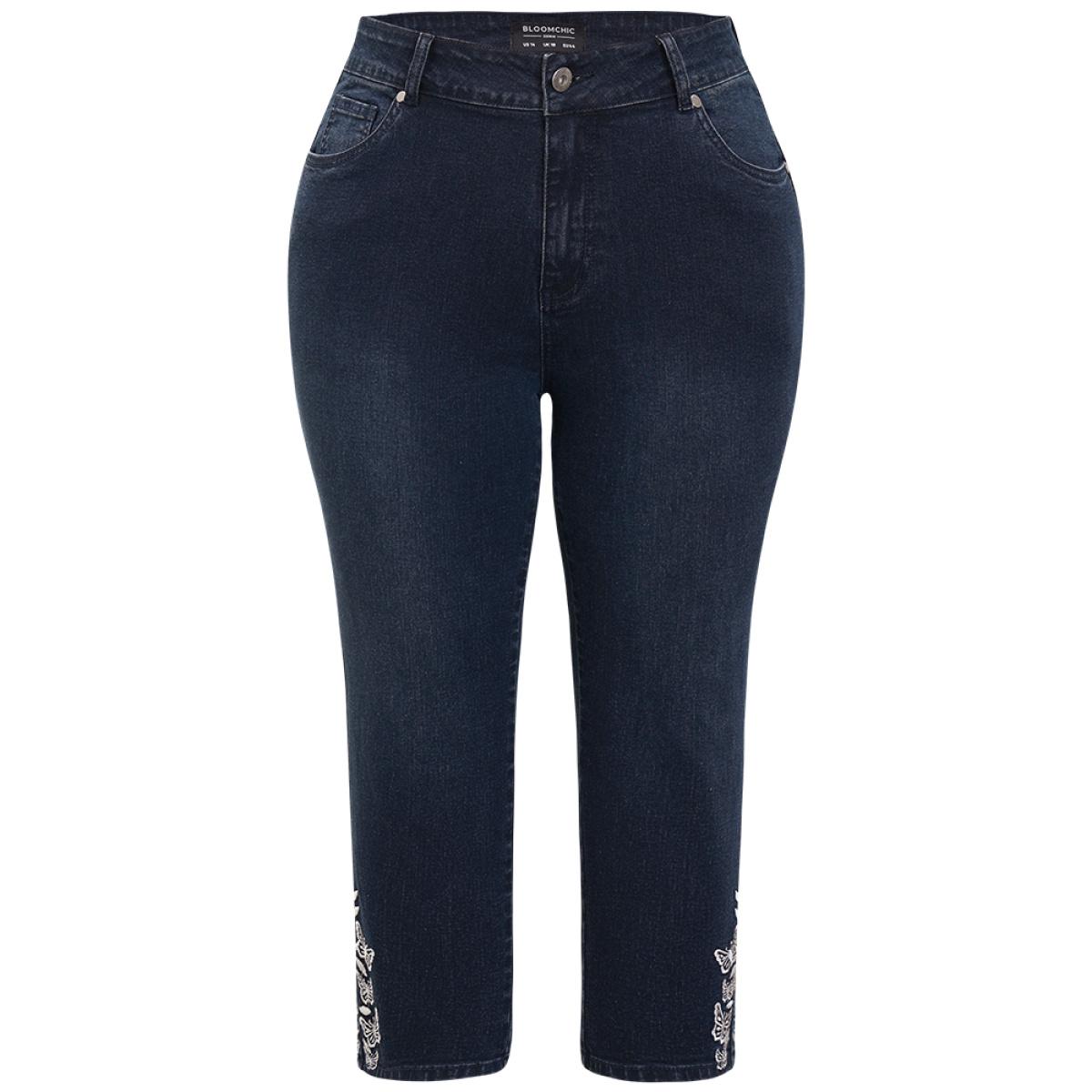 Plus Size Very Stretchy High Rise Dark Wash Butterfly Embroidered Jeans Women DarkBlue Casual Plain Embroidered High stretch Pocket Jeans BloomChic 26/4X Product Image