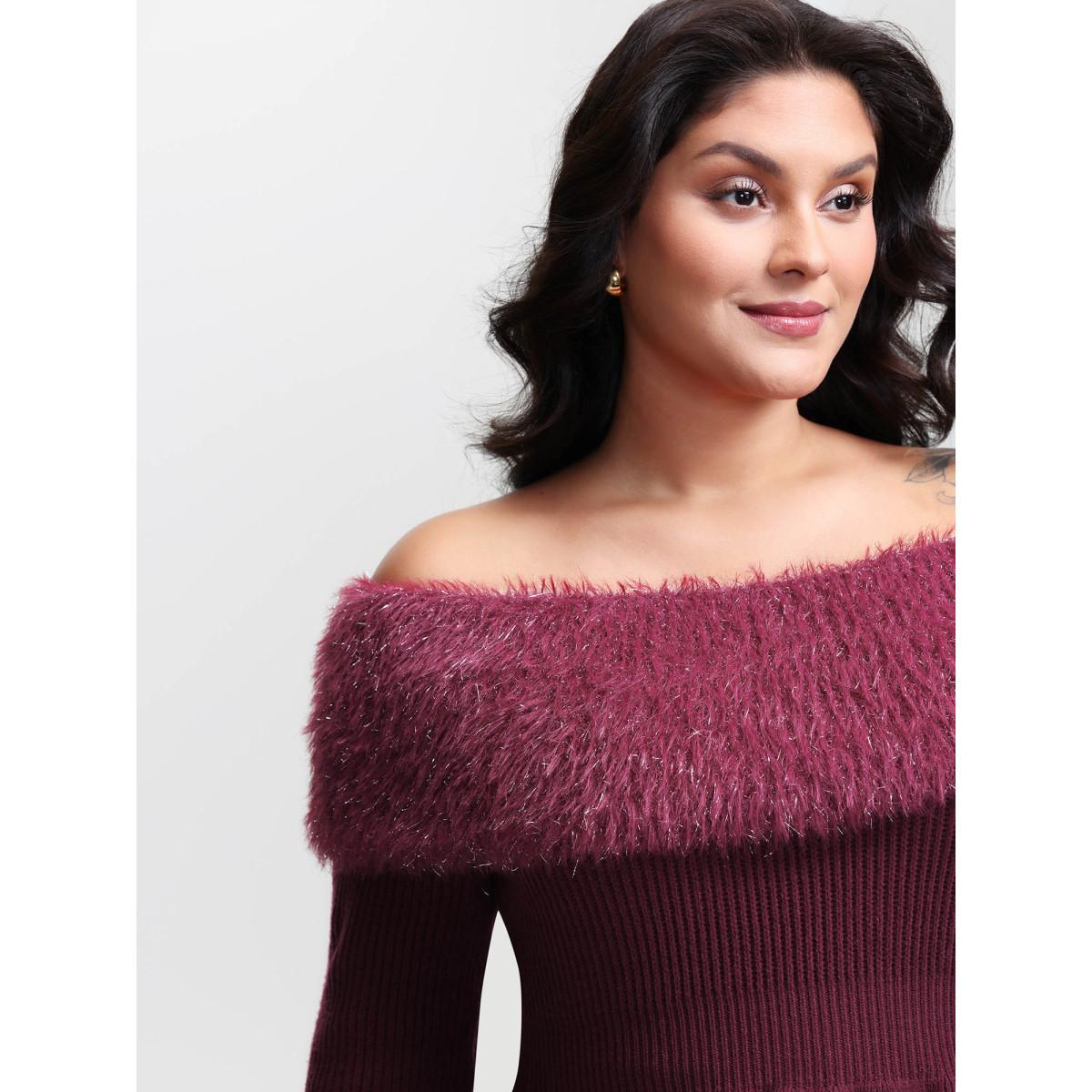 Plus Size Sparkly Fur Off-Shoulder A-Line Pullover Plum Women Party&Cocktail Bodycon Long Sleeve One-shoulder neck Party Pullovers BloomChic 28/5X Product Image