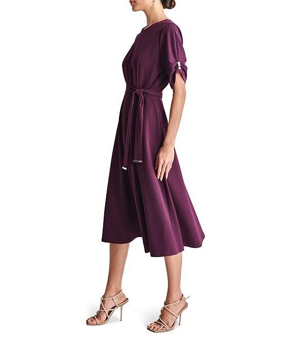 DKNY by Donna Karan Knit Round Neck Short Ruched Sleeve Tie Waist Midi Dress Product Image