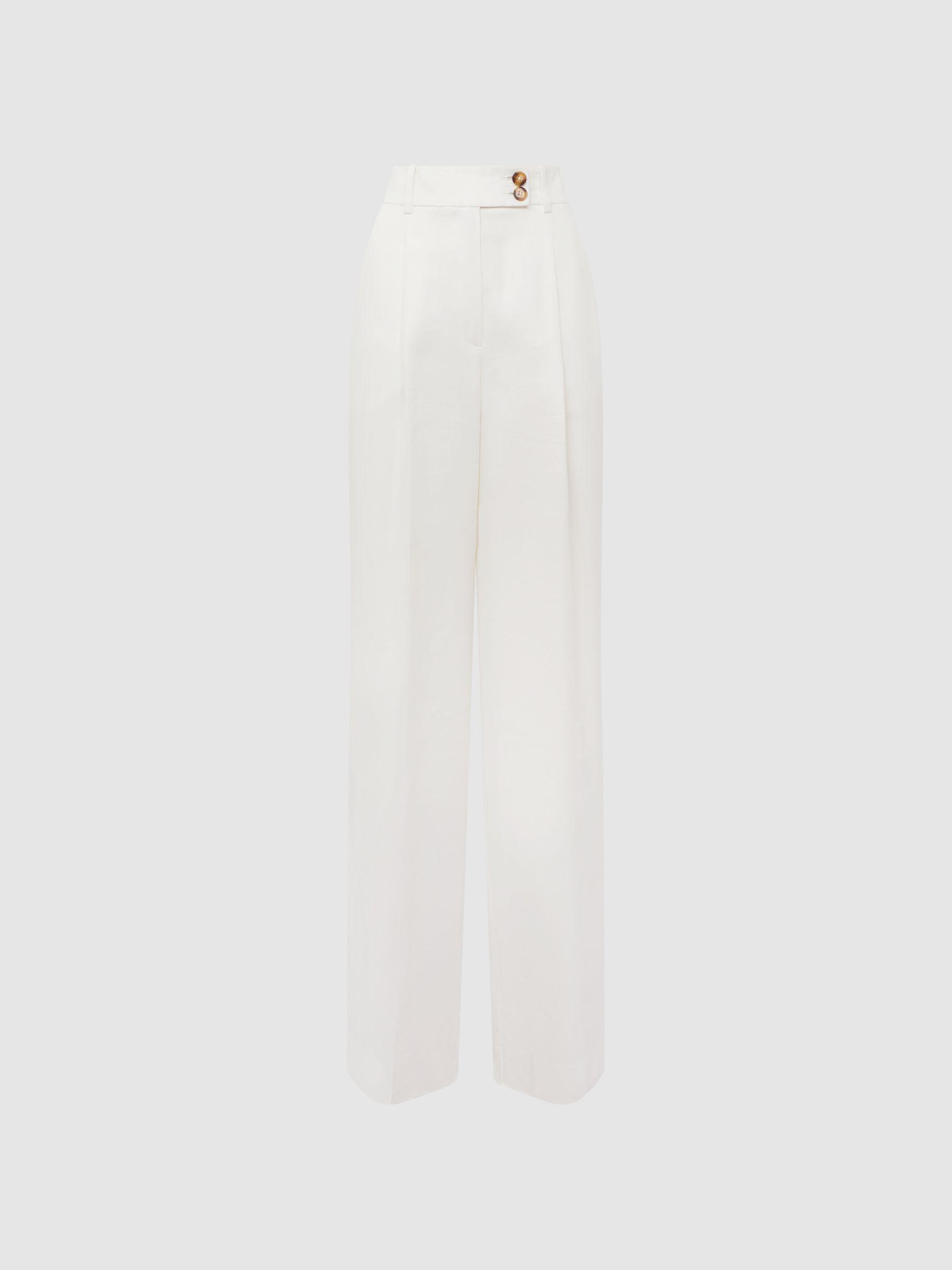 Wide Leg Linen Trousers in White Product Image
