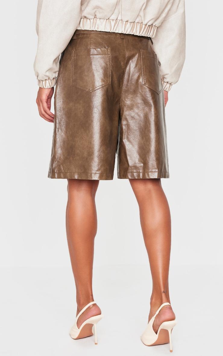 Premium Brown Washed Faux Leather Oversized Long Shorts Product Image