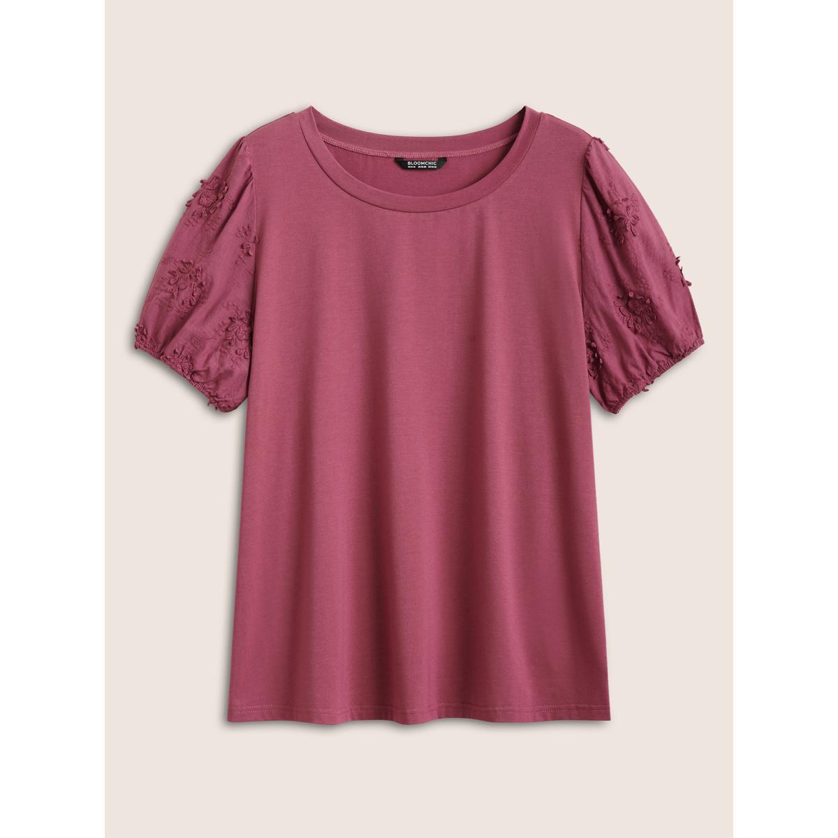 Plus Size Solid Stereo Flower Design Puff Sleeve T-shirt DustyPink Women Elegant Non Plain Round Neck Everyday T-shirts BloomChic 12/L Product Image