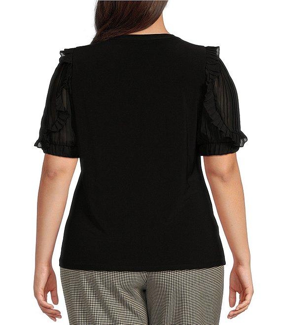 Anne Klein Plus Size Ruffle Combo Short Sleeve Round Neck Knit Top Product Image
