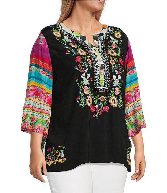 John Mark Plus Size Embroidered Floral Y-Neck 3/4 Sleeve Tunic Product Image