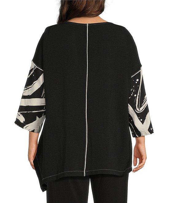 IC Collection Plus Size Woven Abstract Print Boat Neck 3/4 Sleeve Asymmetrical Tunic Product Image
