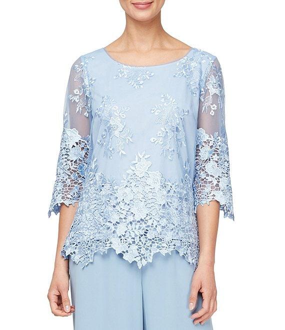Alex Evenings Embroidered Stretch Tulle Scoop Neck 3/4 Sleeve Scallop Hem Blouse Product Image