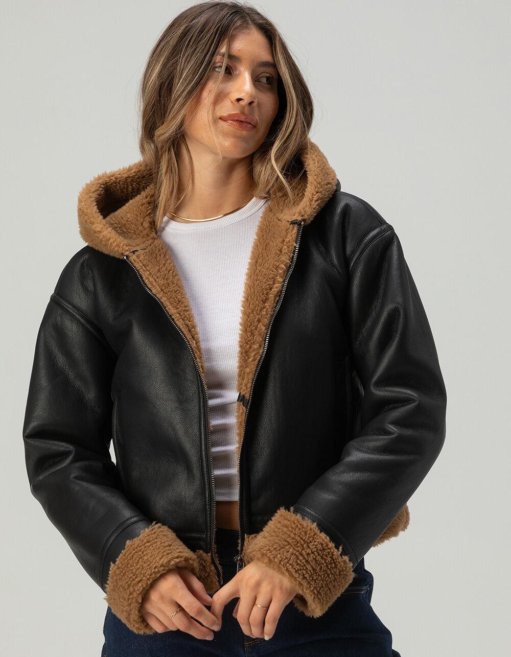 RSQ Womens Bonded Faux Leather Hooded Jacket - BLACK Product Image