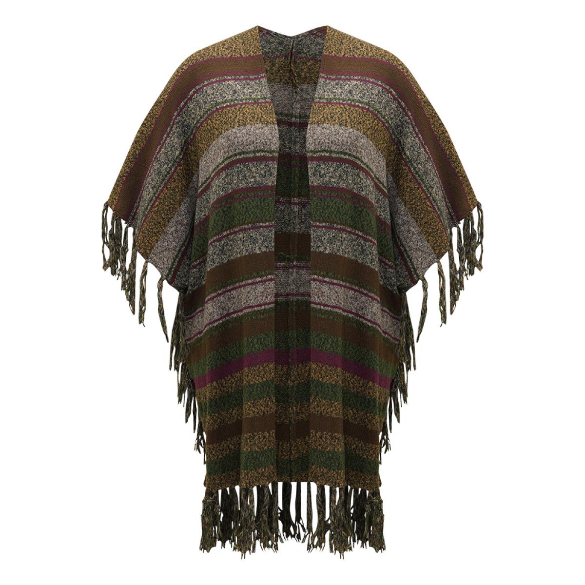 Plus Size Contrast Striped Fringe Trim Drape Cardigan Multicolor Women Casual Loose Sleeveless Everyday Cardigans BloomChic 28/5X Product Image